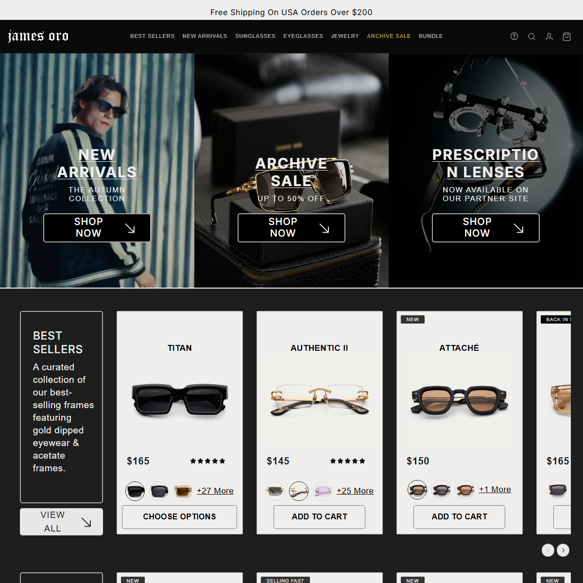 Screenshot of the James Oro homepage showing the Titan, Authentic II and Attaché best sellers
