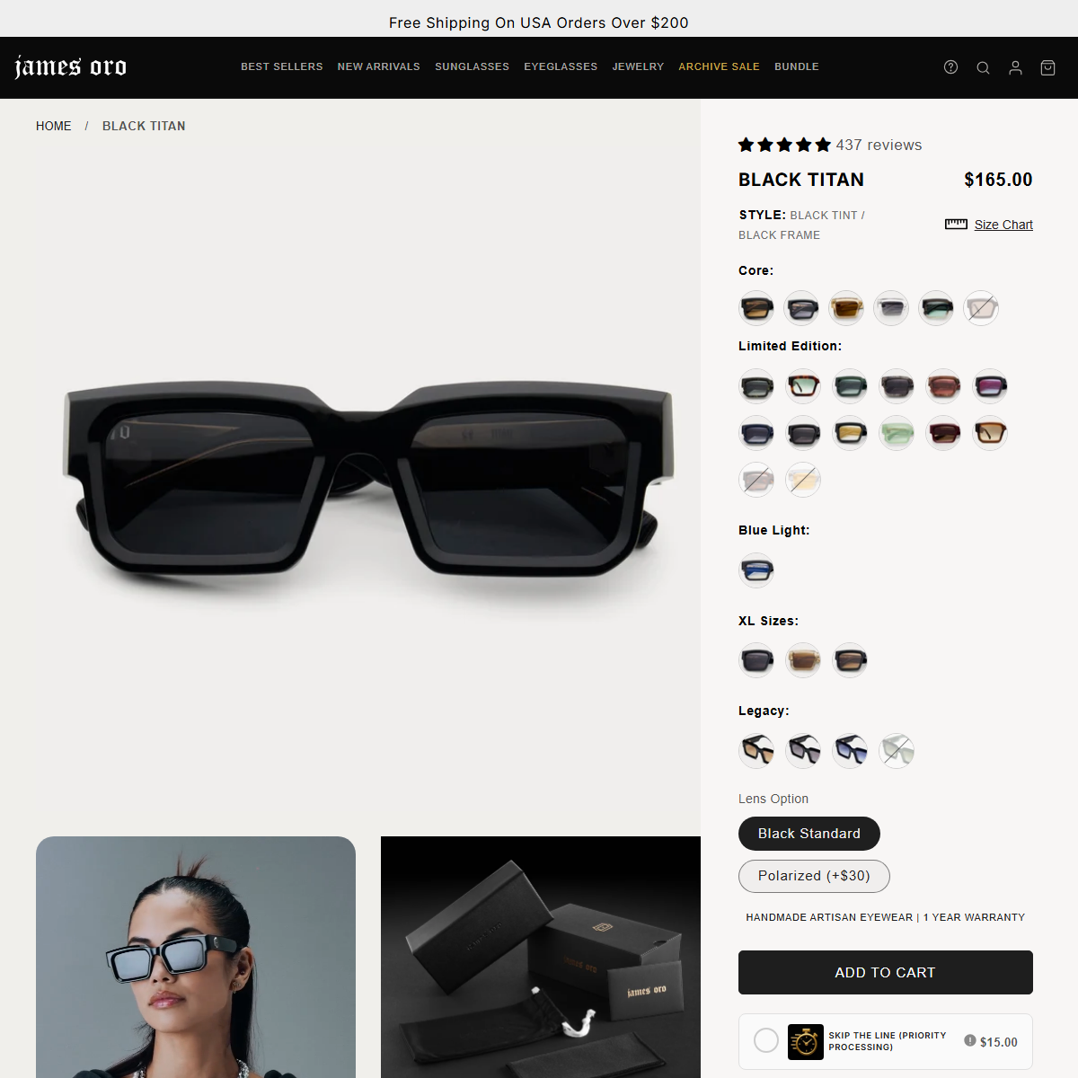Screenshot of the James Oro Black Titan listing at $165 with colorway swatches and the polarized lens option